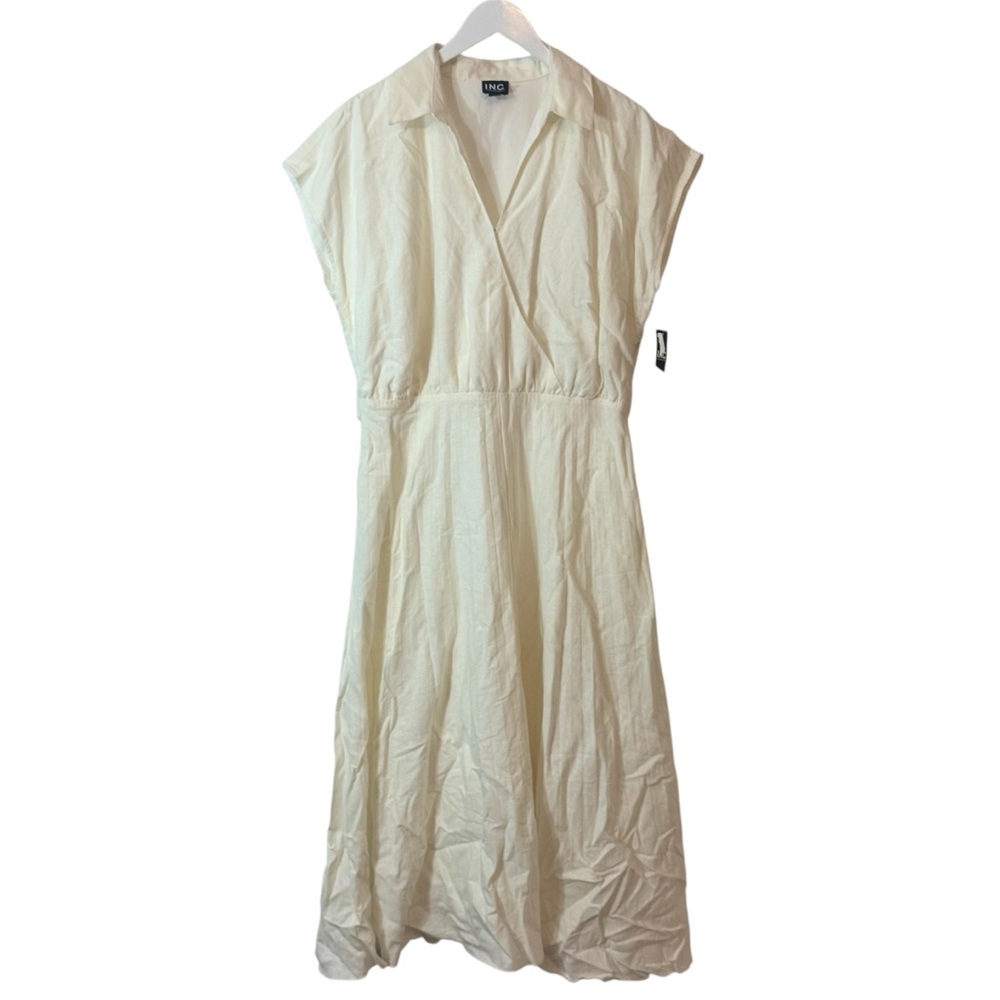 INC Large Dress Washed White Linen Blend Maxi Short Sleeve NEW